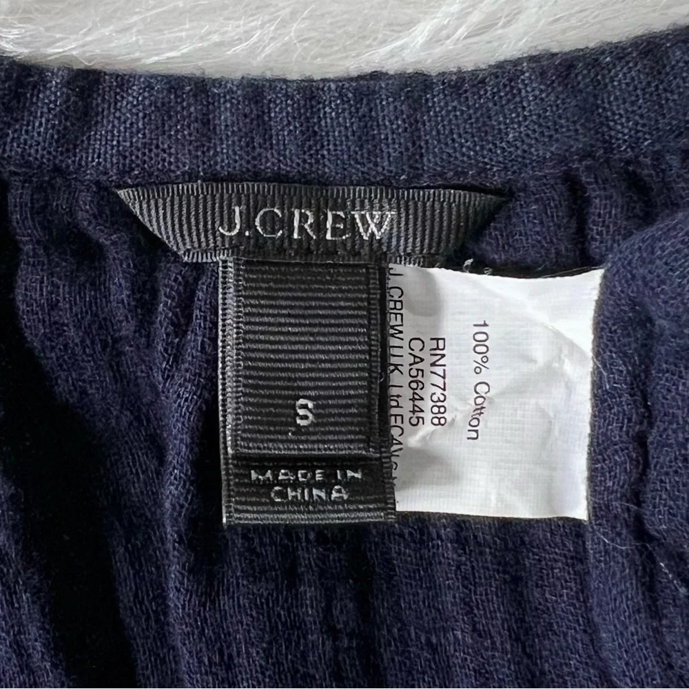 J. Crew Embroidered Tie Neck Navy Blue Short Sleeve Peasant Blouse